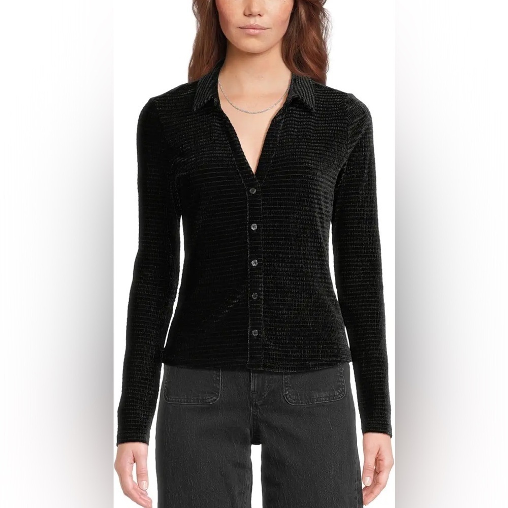 Sanctuary Women's Size Small Textured Velvet Button Up Shirt Black Collared NEW